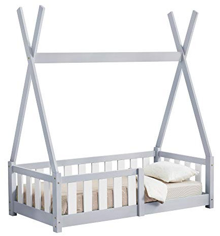 [en.casa] Kinderbett Helsingborg 70 x 140 cm mit Rausfallschutz Lattenrost Tipi Zelt Jugendbett Bettgestell Kiefernholz Holzbett für Kinder Hellgrau