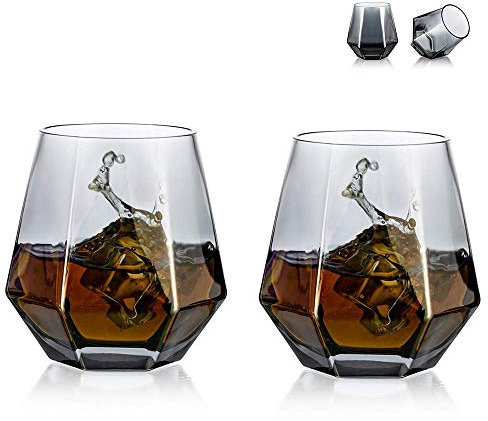 Ensemble De 2 Verres à Whisky Diamantés en Verre Scotch Incliné 300 ML en Verre à Whisky Look Moderne pour Hommes Femmes, Papa, Mari, Amis, Verrerie pour Gobelet à Bourbon/Rhum/Bar