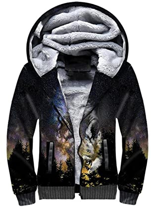 3D Wolf Gedruckt Fleece Zipper Hoodies Herren Damen Winter Warm Double Plus Samt Jacke Cosplay Zipper Cardigan, 7, XS