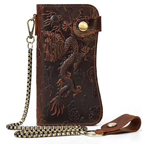Geldbörse Herren, Echtem Leder Geldbörse mit Kette Herren Geldbeutel mit Münzfach Reißverschluss Portemonnaie 14Kartenfächern Männer Portmonee Brieftasche, Brauner Drache