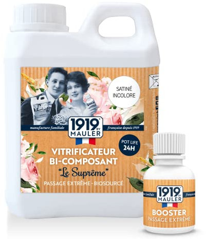 1919 by MAULER - Vitrificateur Biosourcé Bi-composant « Le Suprême » - Satiné Incolore - 1L - Anti-rayure, Tache et Usure - Pour Parquet Bois, Sol Stratifié, Liège - 4h de séchage entre chaque couche