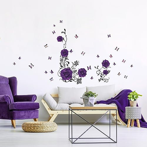 Tanlaby Rosa Adesivi Murali Rosa Fiori Vite Adesivi da Parete Viola Peonia Floreale Stickers Muro Removibili per Camera da Letto Soggiorno Divano TV Decorazione Parete