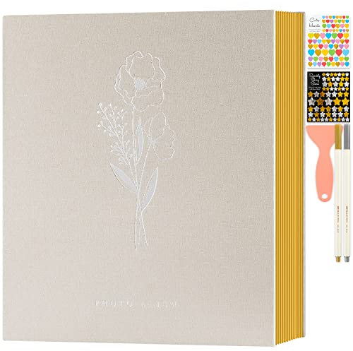Lanpn Fotoalbum Selbstklebend Einkleben Scrapbook, Leinen Groß Weiße Seiten Fotobuch zum Selbstgestalten mit Metallischer Stift 10x15 13x18 A4 A5 Bilder (Große,40 Blatt/80 Seiten,Beige)