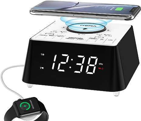 iTOMA Radio Despertador de Carga inalámbrica con Altavoz Bluetooth, Radio FM al Lado de la Cama, Doble Alarma con Snooze, Carga USB, luz Nocturna y Monitor de luz Ajustable 205