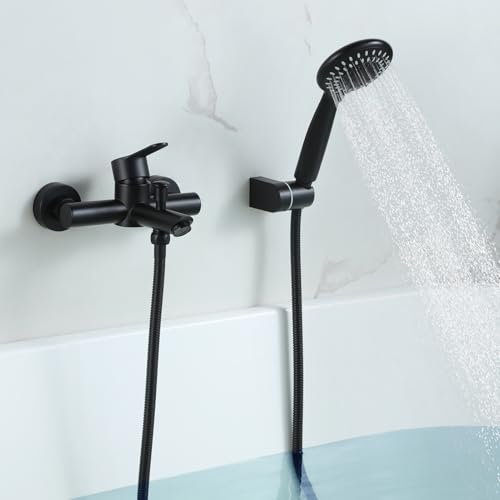 BAITUJIE Badewannenarmatur Schwarz Matt, Armatur Badewanne Schwarz Badewannenarmatur Schwarz mit 5 Funktionen Handbrause