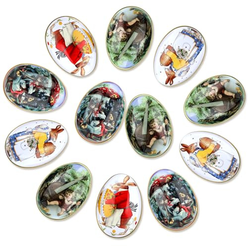 Yaocom 16 Pcs Easter Egg Tin Box Bunny Chick Printing Eggs Shaped Candy Box Holder Vintage Easter Tin Metal Easter Eggs Holiday Cookie Jars Treat Cookie Containers for Basket Stuffers Party Favors