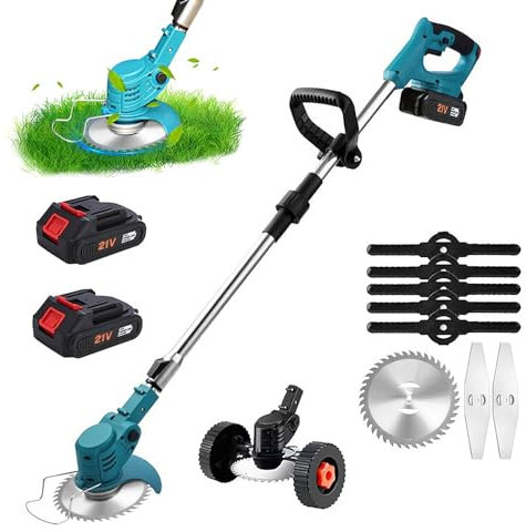 Desbrozadoras eléctricas inalámbricas, corte borde 21 V con batería, con ruedas y 3 tipos de cuchillas, plegado retráctil para corte de jardín, césped y tierras agrícolas (B)