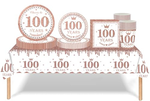 Set di stoviglie per feste per il 100°compleanno,oro rosa bianco,69 pezzi,decorazione per il 100° compleanno, donne,tovagliolo,piatti di carta,tablecloth ,tazze di carta, lei100° Decorazione da tavolo