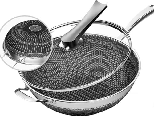 Rökfri wokpanna 12 non-stick wokpanna rostfritt stål - multifunktions reptålig plattbottnad wok Heavy Duty induktionswok, 8,5 cm (3,3 tum) djup