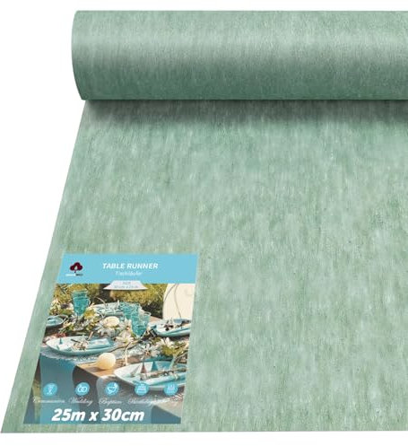 aboveBED 25m x 30cm Vlies Tischläufer, Tischläufer Eukalyptus Grün Tischdeko Tischband für Kommunion, Hochzeiten, Einschulung, Taufe, Geburtstage, Jugendweihe und Party