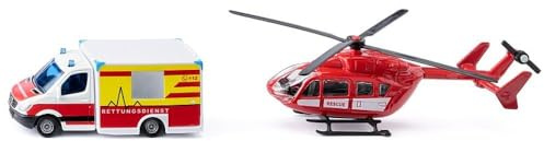 siku 1748, räddningstjänstset, räddningshelikopter och Mercedes Benz ambulans, leksak för barn, metall/plast, röd/vit, roterande rotorer
