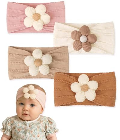 Baby Headband - 4 Pcs Soft Wide Baby Hair Accessories for Newborns Toddlers. Flowers Bow Newborn Headbands for Cute Little Kids