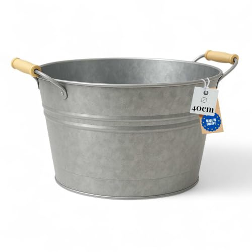 LIVLIG Zinkpanna ø 40 cm I mångsidigt plåtbadkar, planteringskruka, trädgårdsdammbricka, flaskkylare 30 l I perfekt trädgårdsdekoration och dekoration, trädgårdsfest I silver