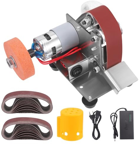 Mini levigatrice elettrica, levigatrice piccola con 20 nastri di levigatura, 7 velocità regolabili, lucidatrice multifunzione per metallo/legno/fai da te/utensili e coltelli