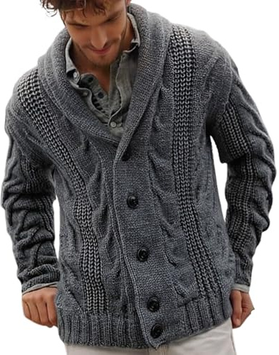 Cárdigan grueso para hombre de manga larga con cable de punto, cuello de chal, abotonado, con solapa, de punto casual, abrigo exterior de invierno, cárdigan liso, suéter, parte superior de jacquard, M