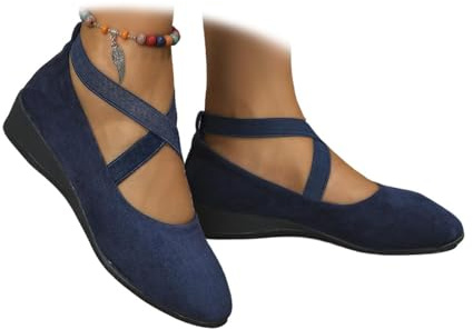 Scarpe da ballo da donna, eleganti e comode, senza lacci, con elastico alla caviglia, tacco a zeppa pieghevole, scarpe da ballo per ragazze, scarpe ortopediche, casual, con cinturino incrociato, Blu
