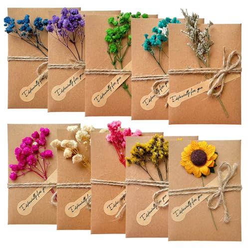 EAVUYIS 10 Pz Biglietto Di Auguri Cartolina Buste, Retrò Busta Carta Kraft Invito, Retrò Carta Kraft Fiori Secchi Confezione da Biglietto Auguri Compleanno, per Matrimonio Compleanno Natale