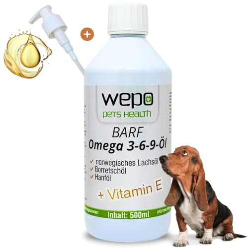 WEPO 3-6-9 Barf Hunde-Öl 500ml - Premium Barföl Hund Omega 3 6 9-100% natürlich & hochdosiert, Fell- Haut- Haar-Öl (500ml + Pumpdosierer)