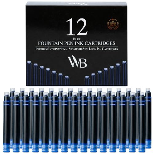 Wordsworth & Black - Paquete de 12 cartuchos de tinta para pluma estilográfica - Azul - Tamaño estándar internacional - Longitud aprox. 3.8 cm - Diámetro de la base aprox. 0.6 cm - Desechable