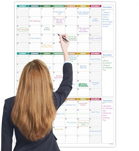Stor torr raderingskalender för vägg – odaterad 3 månaders väggkalender, 28 tum x 40 tum (vertikal), torr raderingskalender för vägg med 5 markörer och 8 klistermärken, bra layout väggkalender torr