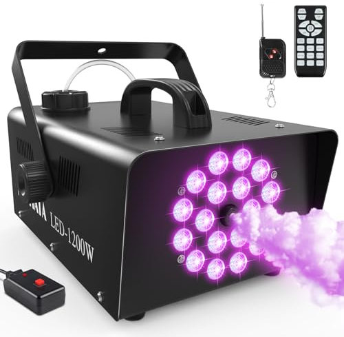 Maquina de Humo Profesional 1200W con 18 LEDs RGB Integrados para Fiestas, Halloween, Bodas, Discoteca, DJ Efecto Escenario