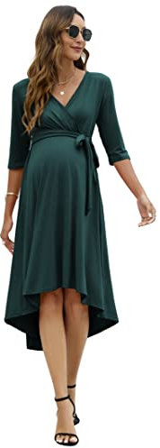 KOJOOIN Damen Umstandskleid Festlich Stillkleid V-Ausschnitt 3/4 Ärmel Schwangerschaftskleid mit Taillengürtel Dunkelgrün L