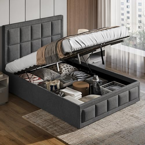 Blisswood Ottoman Bed, Upholstered 4ft Small Double Bed with Storage, Gas Lift End Opening Wooden Slats, Sturdy & Noise Free, No Box Spring Needed, Beds Size-204L x 130W CM, Dark Grey, Small Double