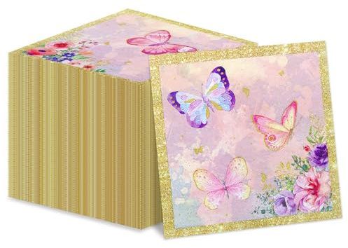 100 st fjärilsservetter, 33 x 33 cm rosa blommiga pappersservetter, vårblomma festservetter, dekorativa pappersservetter för bröllop blommig vår fjäril födelsedagsdekorationer
