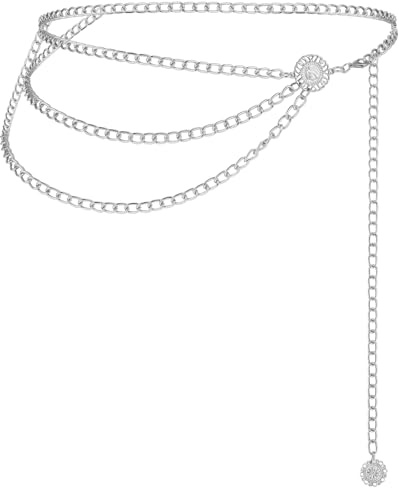 TIESOME Multilayer Metal Waist Chain, Silver Dress Belt for Women, Adjustable Long Chain Belt, Cute