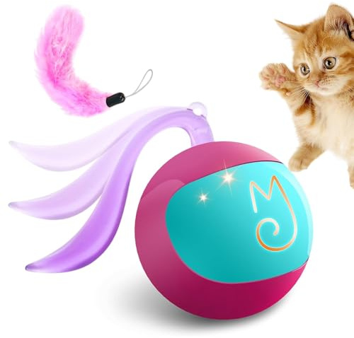 Migipaws Giocattolo Palla Interattiva 2-in-1 per Gatti – Palla da Calcio per Paws, con Coda di Piume Bonus, Rotolamento Casuale, Evita Angoli, Anti-Aggrovigliamento, Silenziosa, Ricaricabile USB