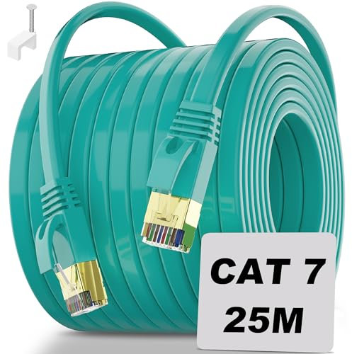 Soibke Cavo Ethernet Cat 7 Piatto 25 Metri, Alta Velocità LAN Schermato FTP RJ45 Esterno Wlan 10Gbps, Internet Lungo per Router Modem