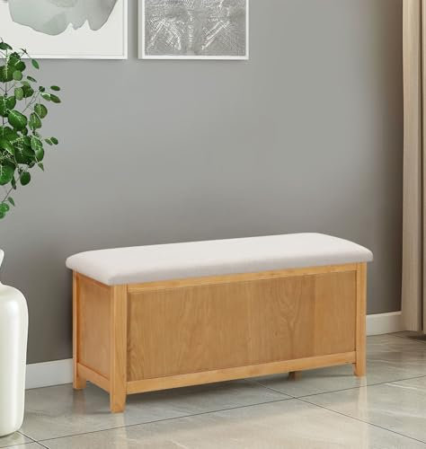 Hallowood Furniture Solid Oak Large Blanket Box With Cushioned Seat - Toy Storage Trunk Chest for Living Room, Ottoman With Lid for Bedroom