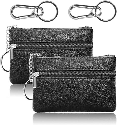 RAFIYU 2 Pièces Petit Porte Monnaie Femme, Mini Porte Monnaie Homme Cuir, Porte-Monnaie Femme Portable, avec Fermeture Éclair et Compartiment et 2 Mousqueton Porte Clé, pour Enfants Adultes (Noir)