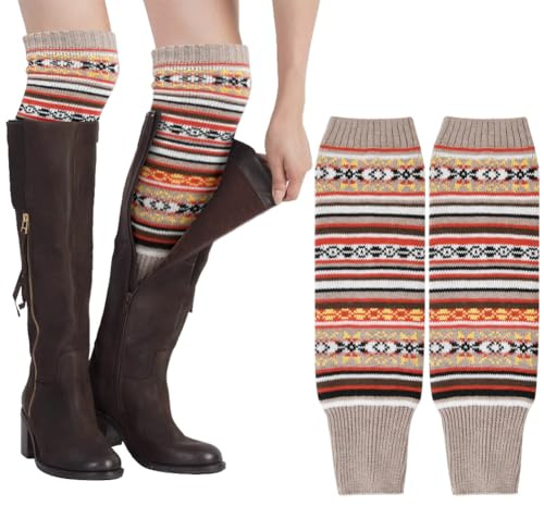 AUYAO stickade benvärmare för damer, 1 st bohemiska benvärmare för damer, långa benvärmare i ull vinter, randig etnisk stickning fotlösa benvärmare, knähöga stickade stövelsockor för kvinnor, flickor