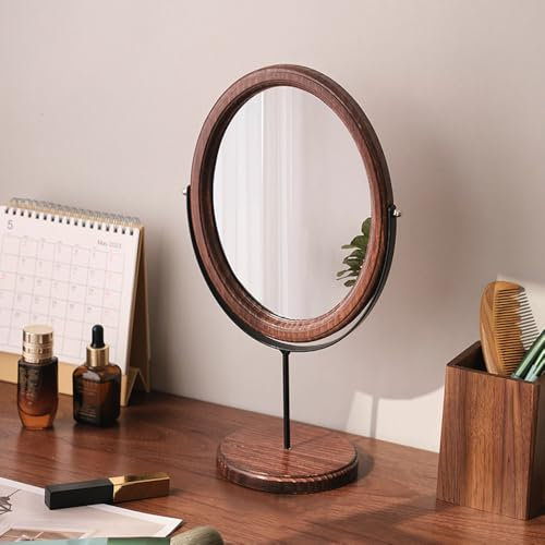 Hosoncovy Wooden Desktop Mirror with Stand Vanity Mirror Makeup Mirror Round Base Tabletop Mirror with Stand Oval Free Standing Bathroom Mirror (Black-Dark Brown)