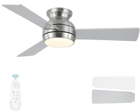 putroad 42 Inch Ceiling Fans with Lights and Remote, Brushed Nickel Low Profile Ceiling Fan with Light, Flush Mount, Reversible, 6 Speeds, 3CCT Dimmable, Bedroom Indoor/Covered Patios Use