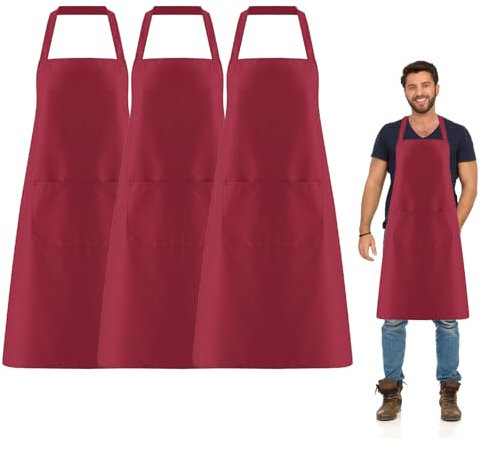 FUIPVGI 3 Stück Kochschürze für die Küche, Übergröße Kochschürze, Küchenschürzen für Männer Damen mit 2 Taschen zum Kochen, Grillen, Malen, Hausarbeit, Kellner (Weinrot) (Weinrot)
