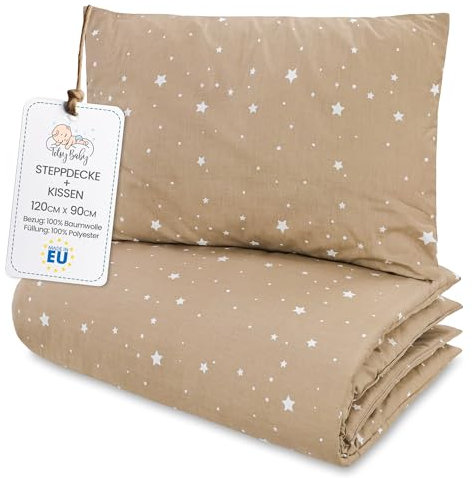 Totsy Baby Toddler Duvet Pillow Set 90x120 cm Quilt 40x60cm Cushion - Coton Lightweight Breathable Bedding Insert for Cot Nursery Travel Cots bed Insert Only 90 x 120 Oeko-tex Beige with white stars