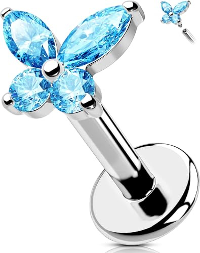 OUFER Body Piercing Internally Helix piercingsmycken 16G kirurgiska stål läppstift 6/8/10/12 mm Tragus Conch-bar fjäril platta ryggörhängen aqua CZ laboratorie-örhängen, 6mm