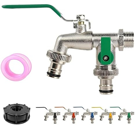 Universal Stainless Steel Double Outlet Garden Water Faucet, Outdoor Water Tap Valve with Double Outlet, Hose Splitter 2 Way Heavy-Duty Outside Tap Kit, for Washing Machines and Garden (Green)