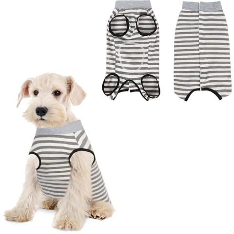 Dog Recovery Suit Striped Shirt, Soft Sleeveless Dog Bodysuit After Surgery Onesie, Prevent Licking, E-Collar Replacement, for Poodle Teddy Schnauzer Bichon (Grey, L)