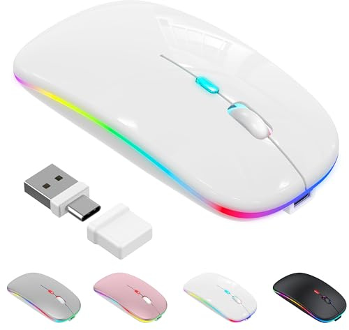Azmall Mouse wireless con modalità jiggler – Bluetooth 5.2 & 2.4G radio per computer portatile, PC, iOS, Android, iPad e Windows, LED a 7 colori e 1600 DPI ottico (Modalità Jiggler, Bianco)