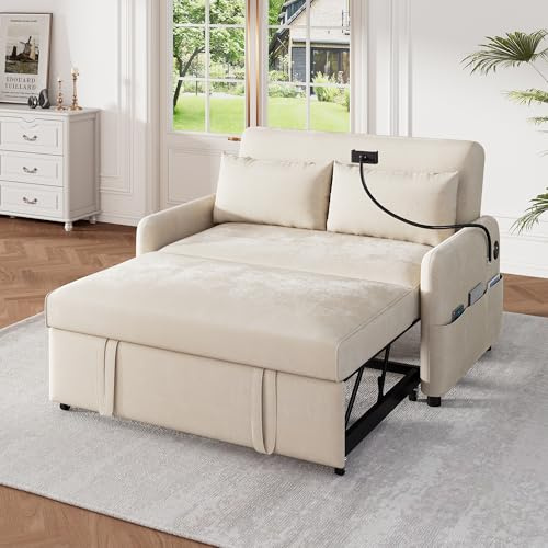 Moderno sofá cama doble desplegable, sofá multifuncional con función de dormir, respaldo ajustable, soporte para móvil, puerto de carga USB, adecuado para salón, dormitorio, cine en casa (Beige)