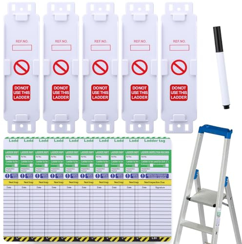 Etichette per scale, 5 supporti e 10 inserti per etichette di ispezione della scala, impermeabili, set per interni ed esterni, protezione di ispezione di sicurezza (con penna cancellabile)