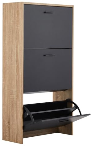 CASABEL Meuble à Chaussures Compact 18 Paires, Noir et Bois Clair