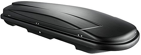 VDP Dachbox schwarz Juxt 400 Dachkoffer 400 Liter abschließbar + Alu-Relingträger schwarz aufliegende Reling kompatibel mit Seat Leon III ST ab 2012