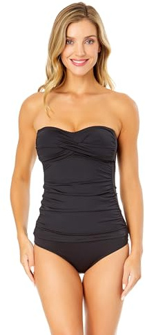 Anne Cole Women's Solid Twist Front Shirred Bandeau Tankini Swim Top, Black I, Medium