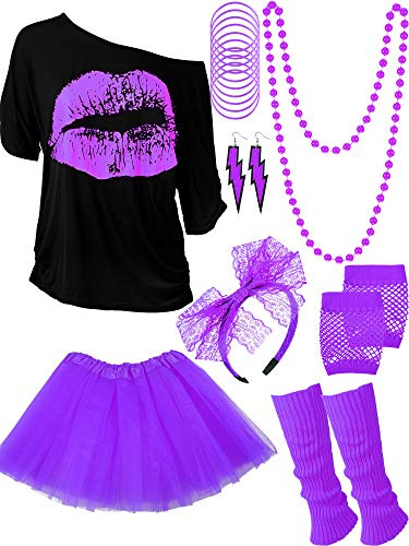 Ensemble d'accessoires de costume des années 80 pour femme, t-shirt imprimé motif lèvres, jupe tutu, bandeau en dentelle, boucles d'oreilles fluo, collier, jambières, gants en résille, bracelet
