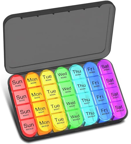 Pill Box Organiser 4 Times a Day, Betife Weekly Pill Boxes, 7 Day Tablet Organiser, Daily Pill Dispenser 7 Day 4 Compartments, Tablet Box for Medication, Vitamins and Supplements (Black)