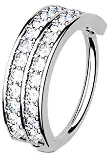 Tata Gisèle Piercing Anneau Nez Oreille - Créole Pliable avec Double Anneau Incrusté de Zircons Clairs - (Platine/Clair, 8)